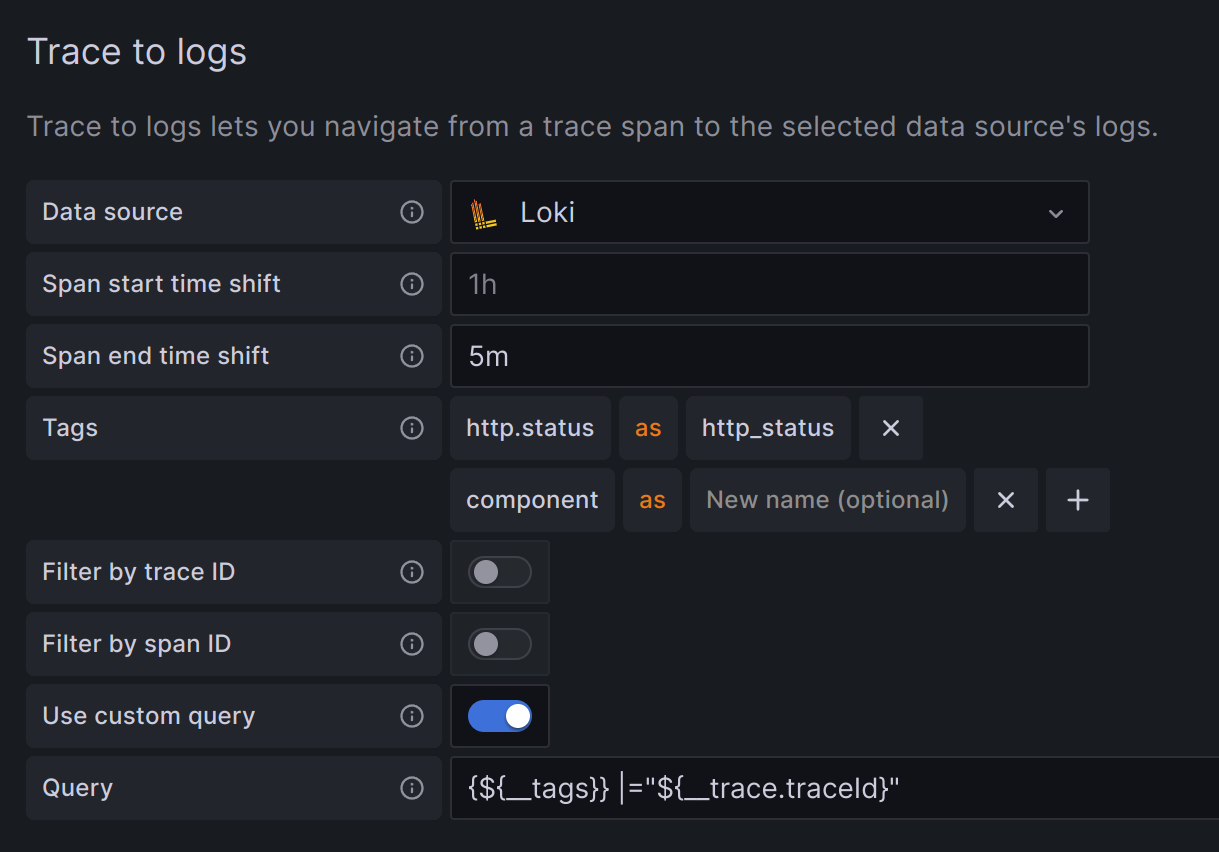 Trace to logs settings